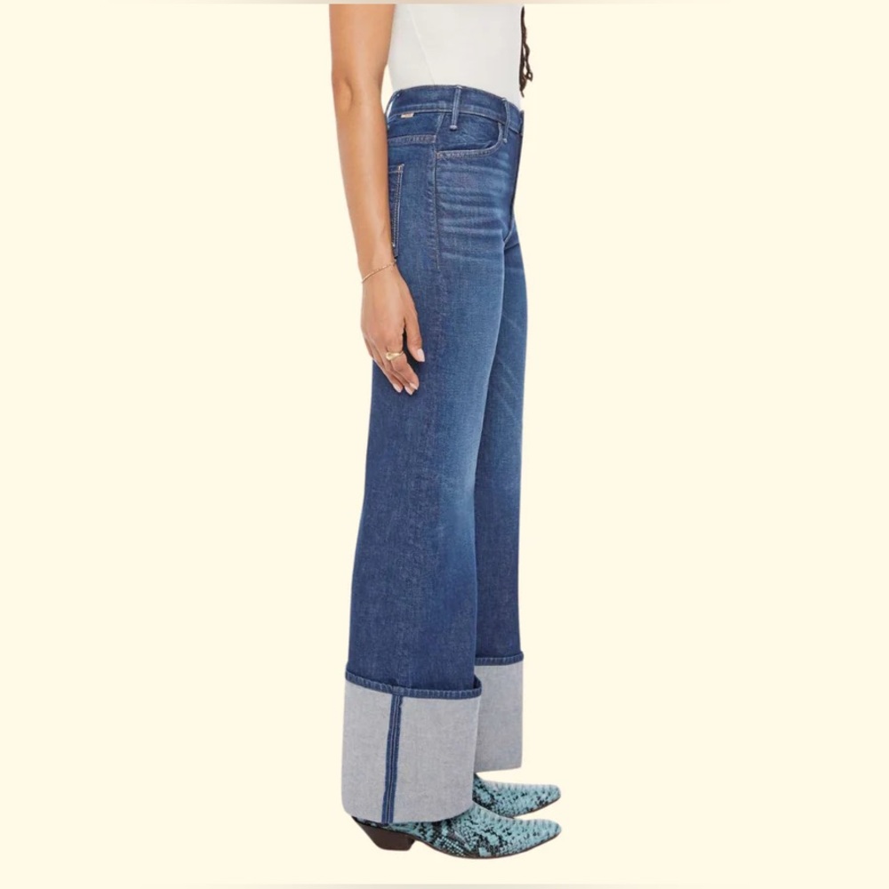MOTHER Wide-Leg Cuffed Jeans in Medium Blue with Light Cuff - Picture 3 of 11